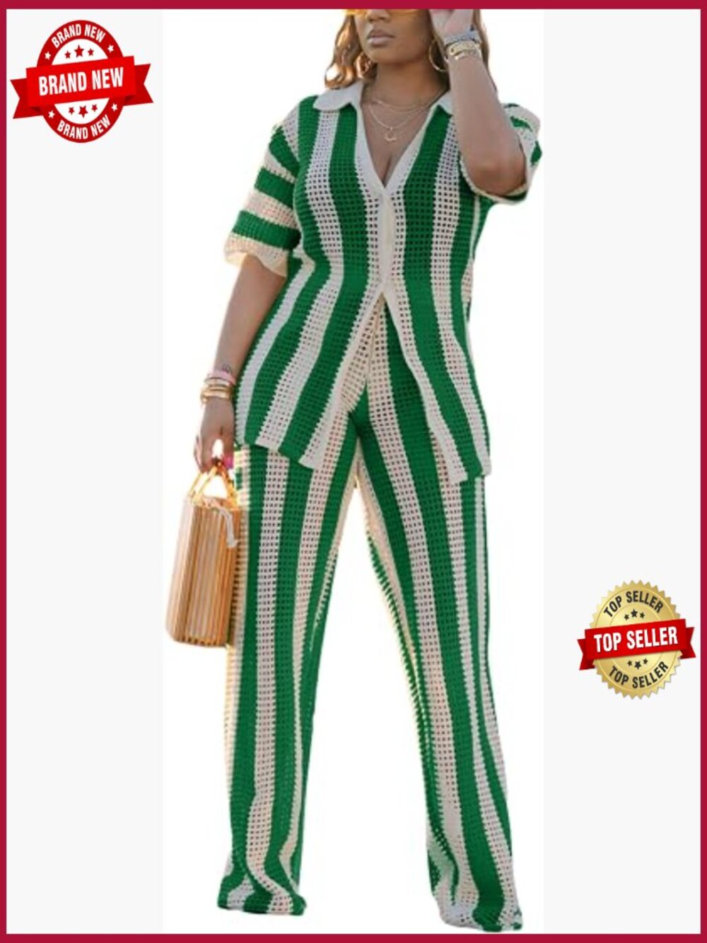 Women's 2 Piece Striped Cardigan & Wide Leg Pants Set